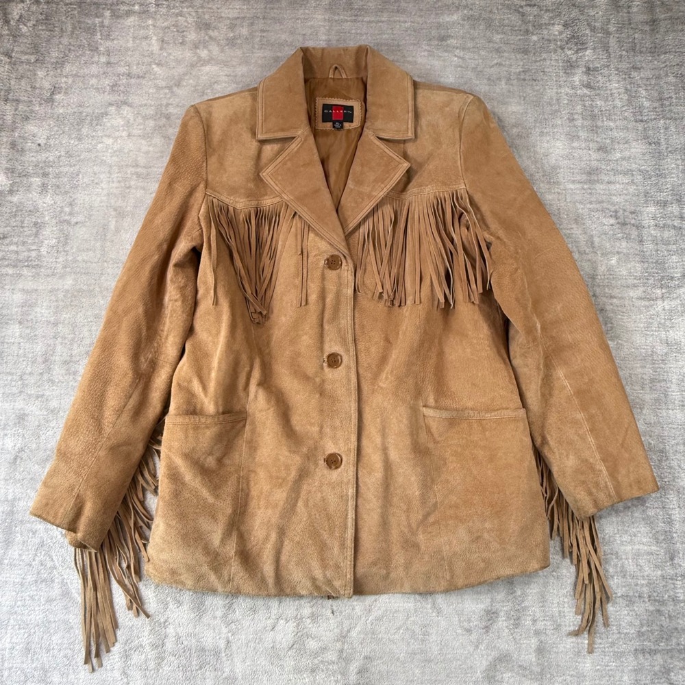 Vintage Gallery Fringe Jacket Womens XL Tan Suede Leather Western Cowgirl Boho